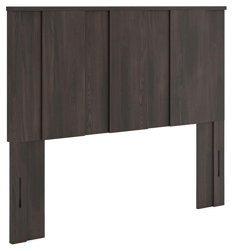 Dark brown panel headboard with vertical slats and corner posts