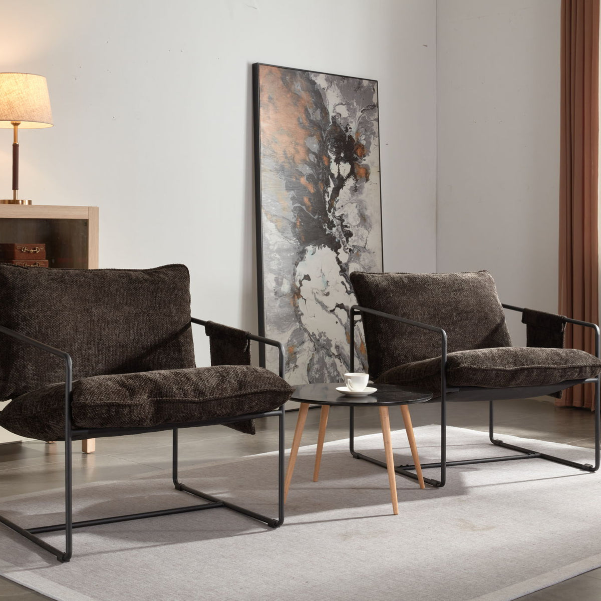 Upholstered Hanging Armchair With Arm Pocket Metal Frame (Set of 2), Crushed Foam Cushions And Skin-Friendly Braid For Living Room And Bedroom