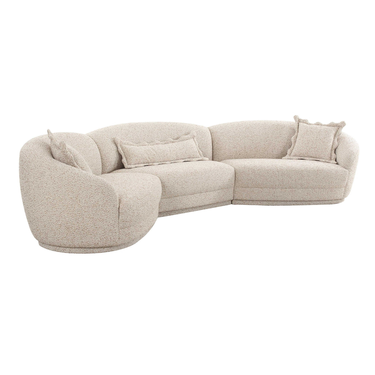 Textured boucle sectional sofa with chaise, two square throw pillows