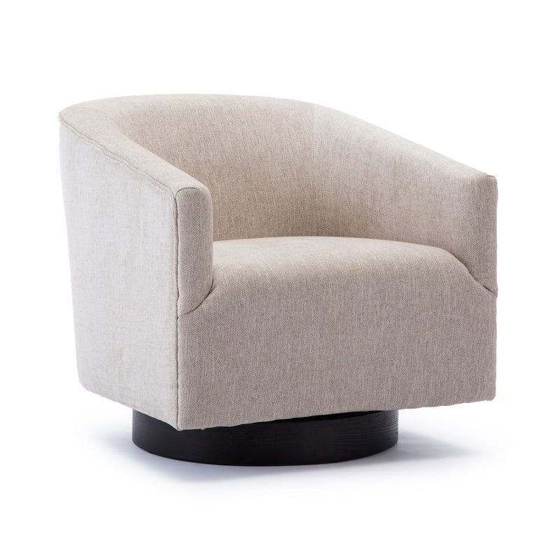 Beige fabric swivel accent chair with rounded arms and black circular base