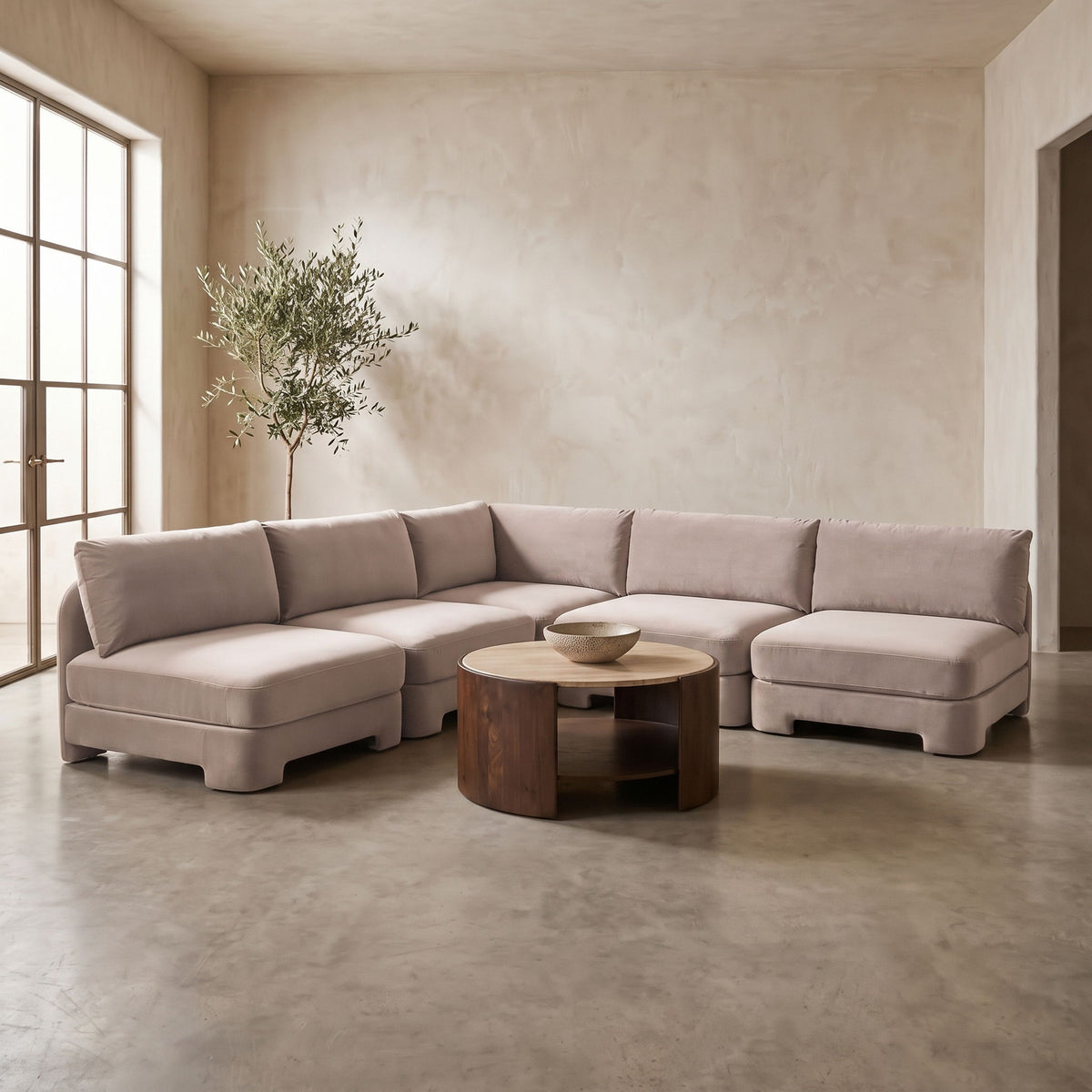 Beige velvet 5-piece armless sectional sofa with corner and ottoman-style seats