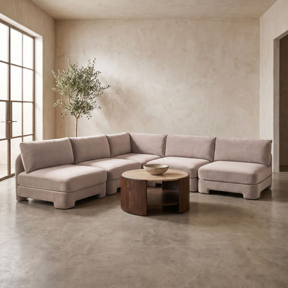 Beige velvet 5-piece armless sectional sofa with corner and ottoman-style seats