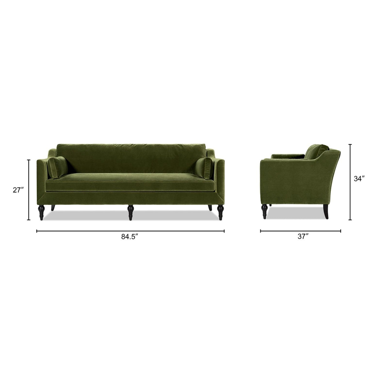 Green upholstered modern sofa with matching armchair; shows front and side views with size marks