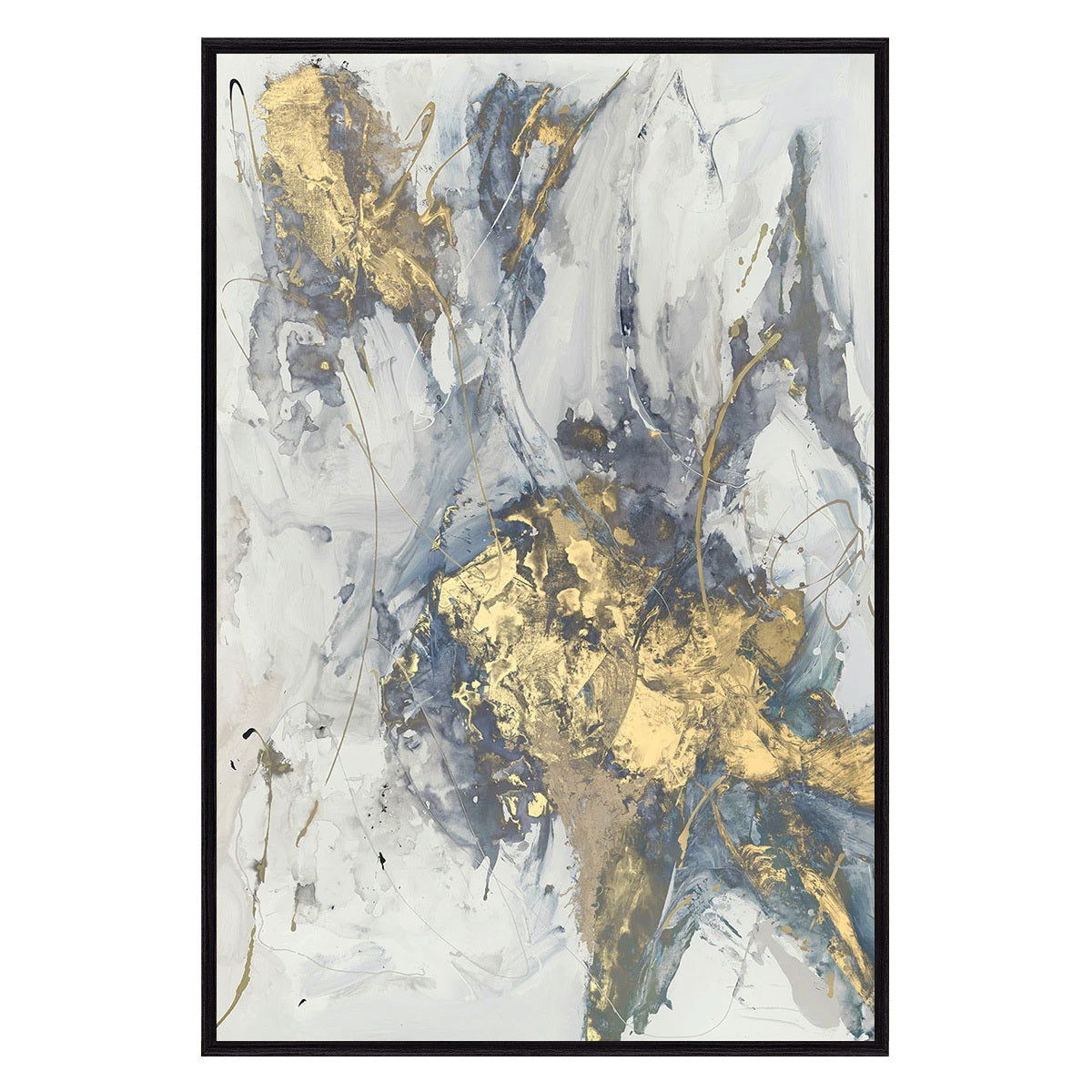 Abstract gold and blue painting with white brushstrokes in black frame