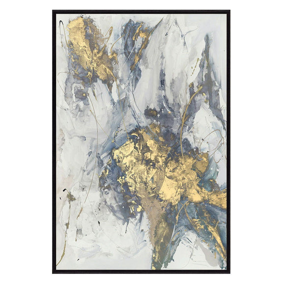 Abstract gold and blue painting with white brushstrokes in black frame