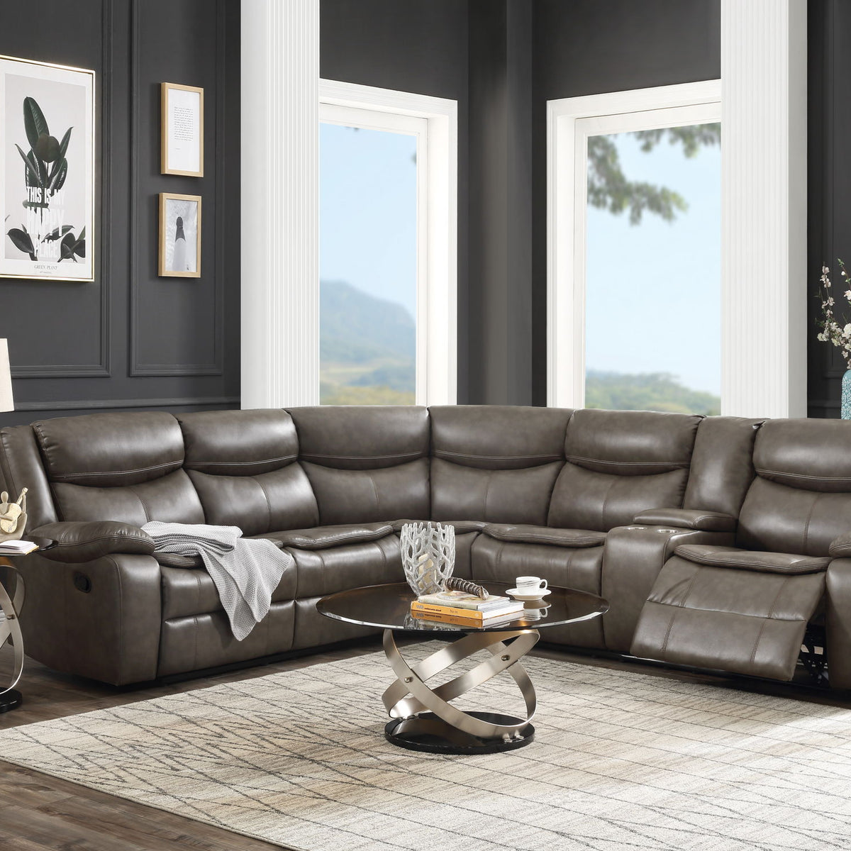 Tavin - Faux Leather Manual Recliner Sectional Sofa With Cupholder Console - Taupe