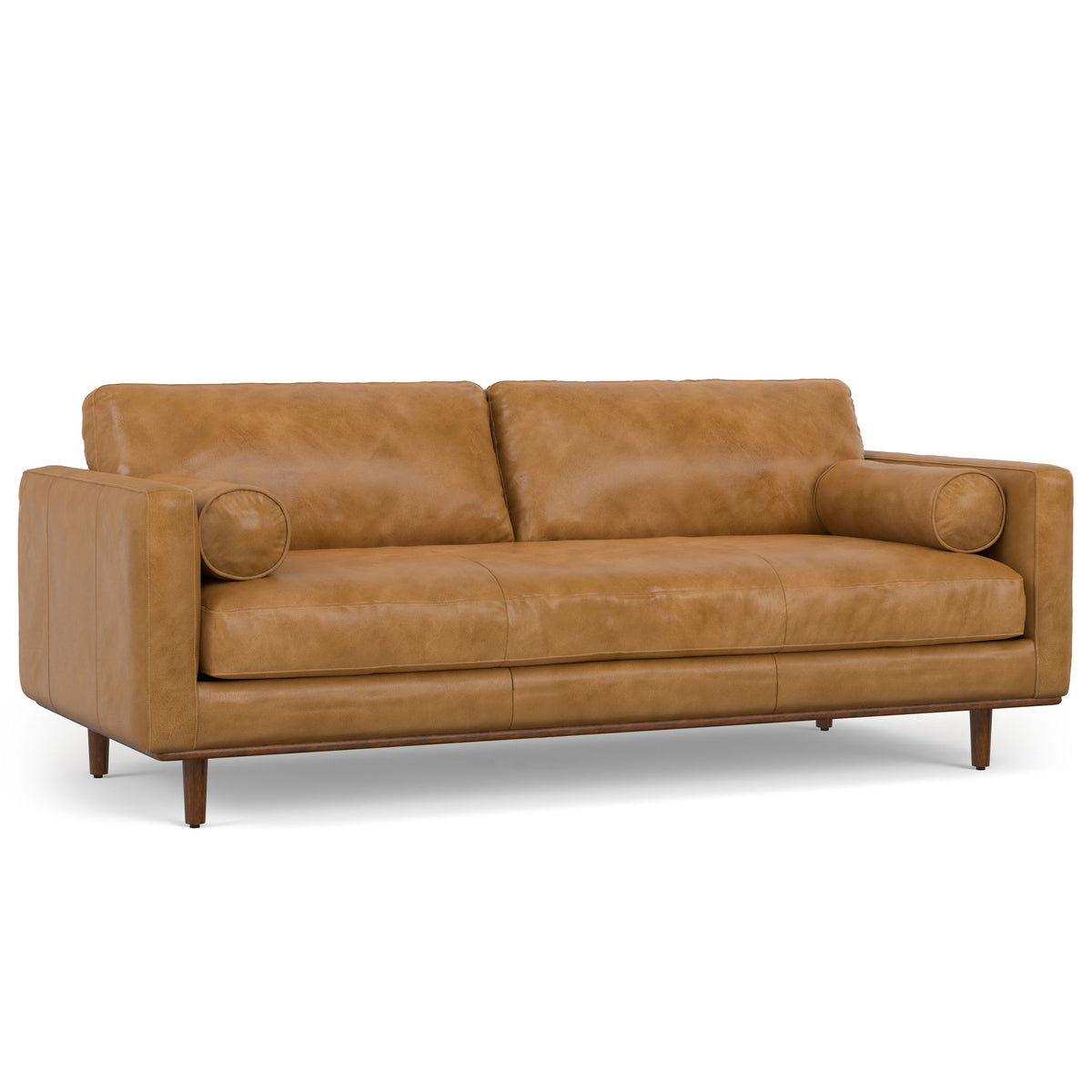 Tan/brown upholstered sofa with two seat cushions and round arm accent pillows.