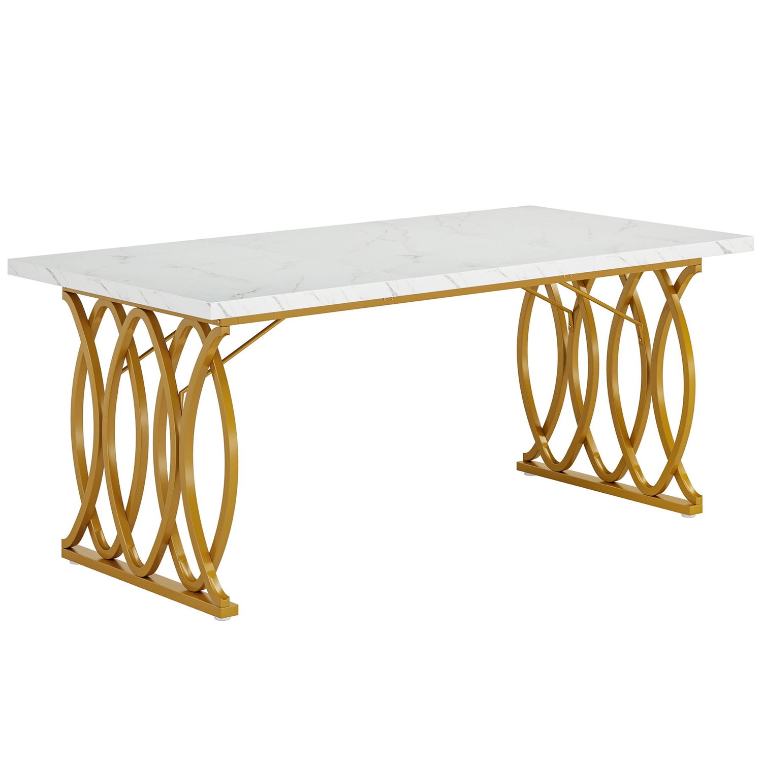 Large Rectangular Dining Table Kitchen Table With Geometric Legs - White / Gold