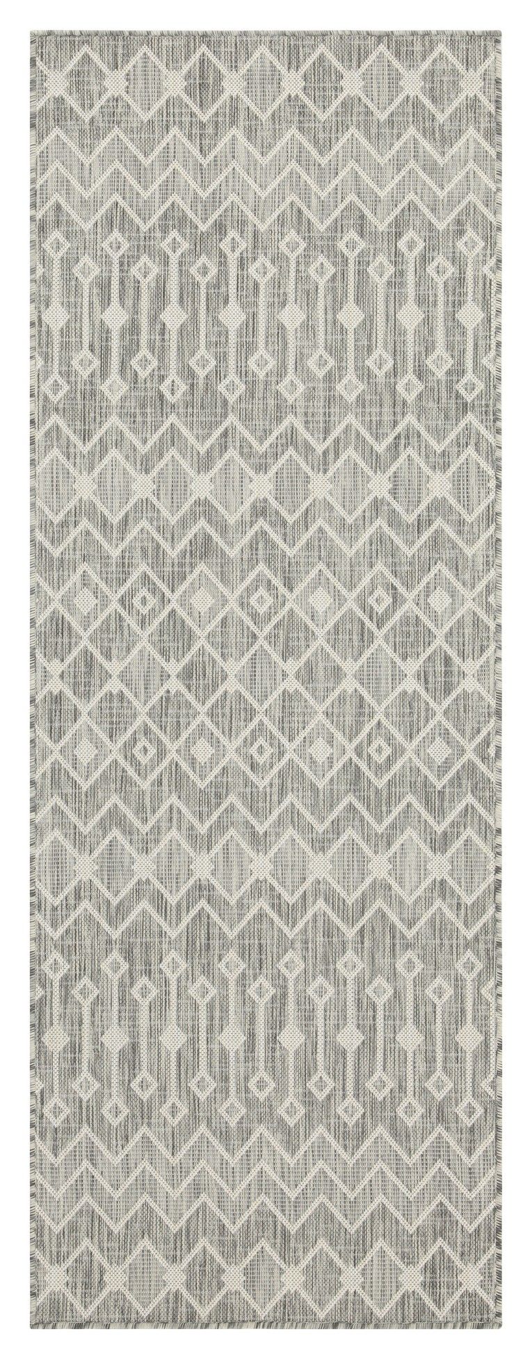 Indoor/outdoor polypropylene area rug, light gray with subtle ivory geometric chevron pattern.