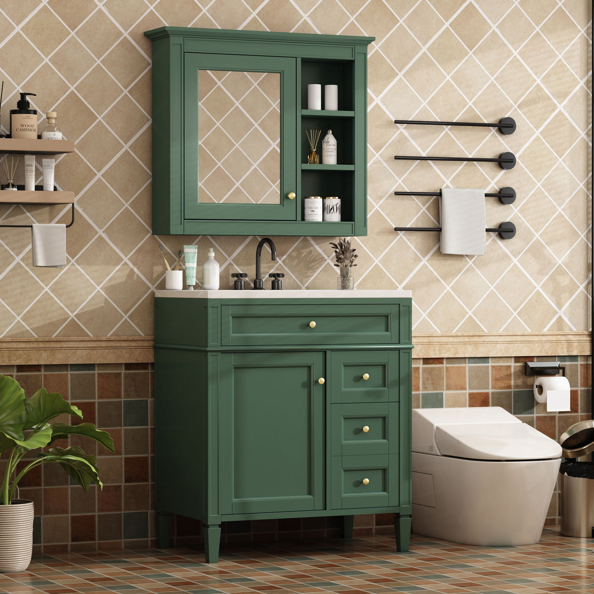 Bathroom Vanity With Top Sink, 2 Doors And 3 Drawers, Freestanding Set With Mirror Cabinet