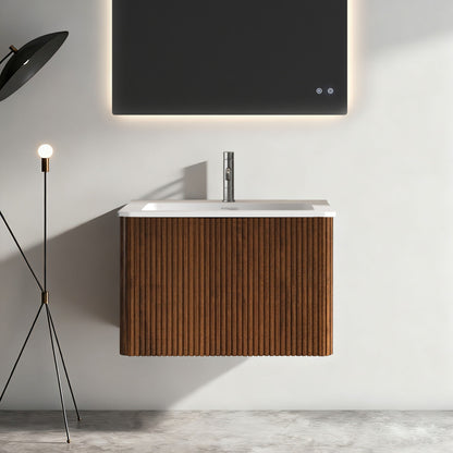 Wall-mounted striped bathroom vanity with ceramic sink, dark brown vertical wood slats