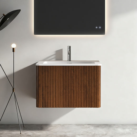 Wall-mounted striped bathroom vanity with ceramic sink, dark brown vertical wood slats