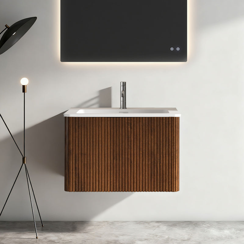 Wall-mounted striped bathroom vanity with ceramic sink, dark brown vertical wood slats