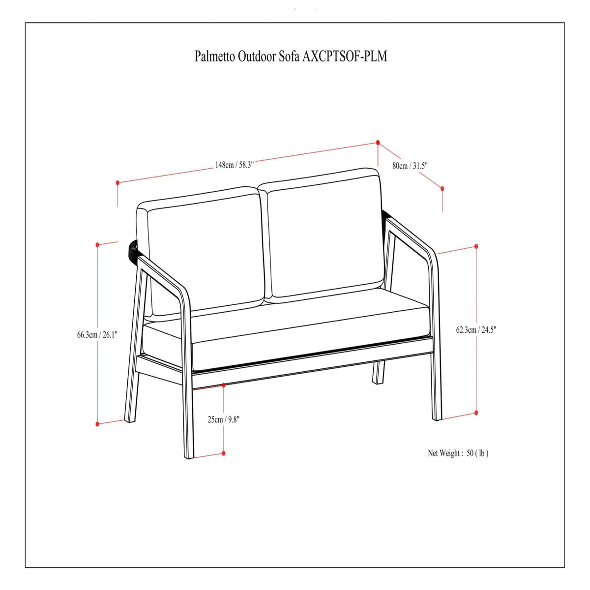 Outdoor sofa size diagram showing dimensions, seat width, and overall height