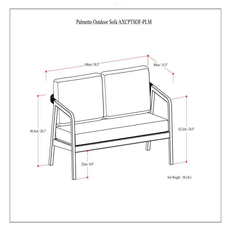 Outdoor sofa size diagram showing dimensions, seat width, and overall height