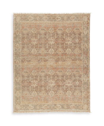 Light brown distressed area rug with subtle multicolor pattern and flat weave