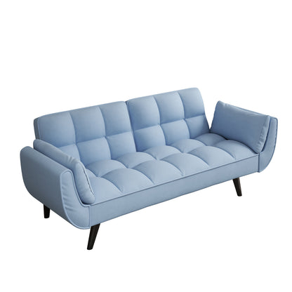 Light blue upholstered sofa with two armrests and tufted seat with back panels