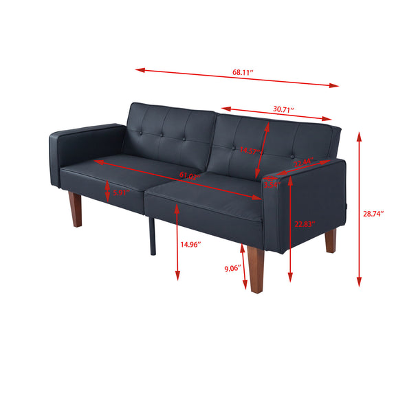 Dark navy split-back sofa bed with low arms and tapered wooden legs