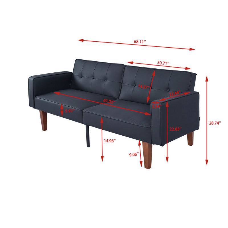 Dark navy split-back sofa bed with low arms and tapered wooden legs