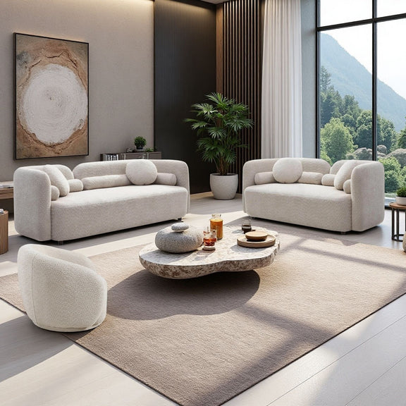 Beige upholstered sofas with one armchair and round accent cushions