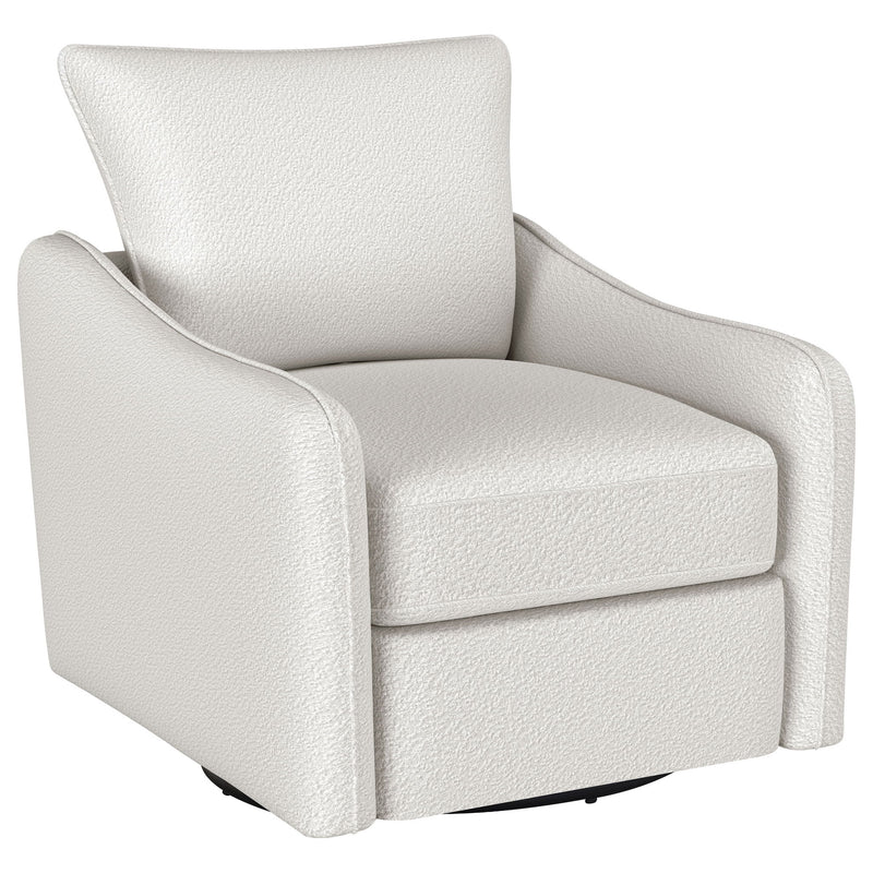 White upholstered swivel chair with tall backrest and wide padded armrests