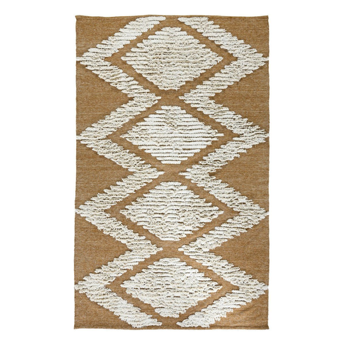 Honey gold indoor/outdoor rug with white diamond and X pattern, textured loop pile