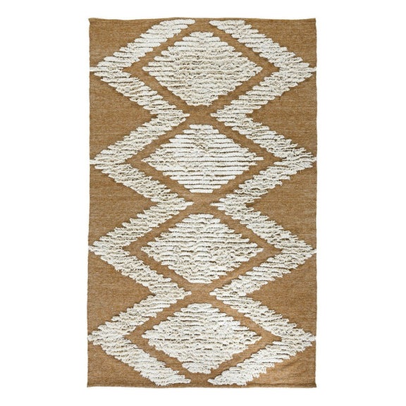 Honey gold indoor/outdoor rug with white diamond and X pattern, textured loop pile