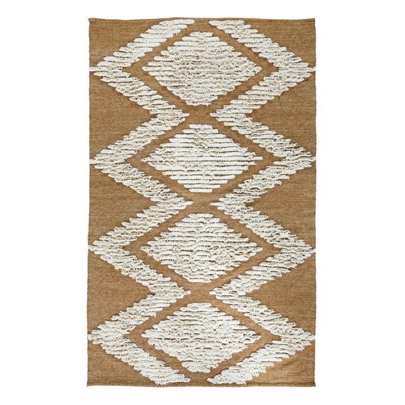 Honey gold indoor/outdoor rug with white diamond and X pattern, textured loop pile