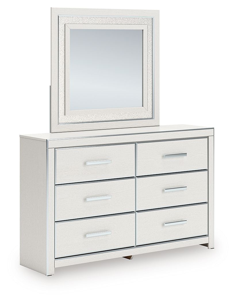 White upholstered-panel bedroom dresser with six drawers and square framed mirror