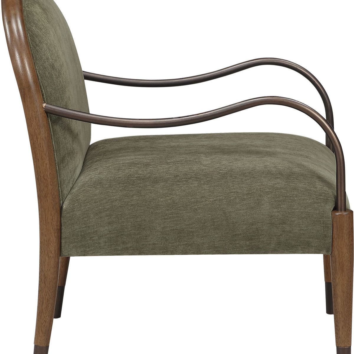 Green fabric-upholstered accent chair side view with curved metal arms and wooden legs