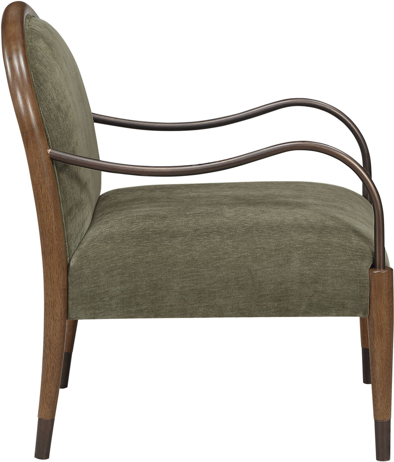 Green fabric-upholstered accent chair side view with curved metal arms and wooden legs