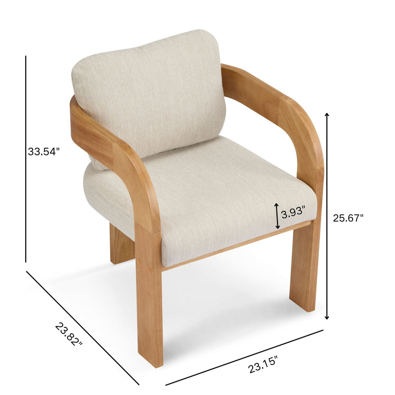 Beige upholstered dining chair with curved wood arms and dimensions shown