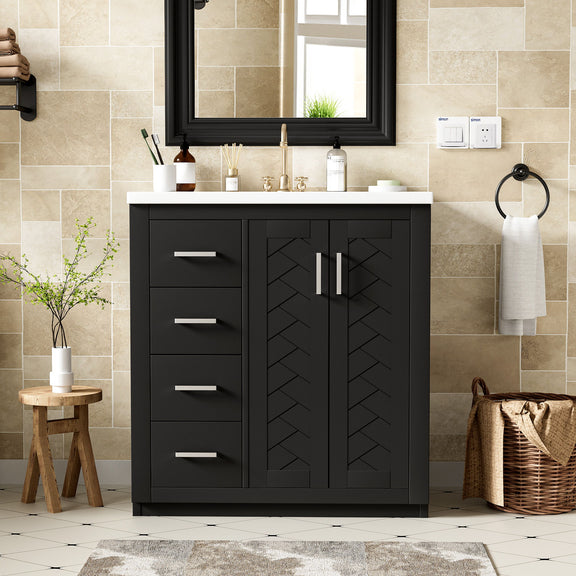 Freestanding vanity cabinet with ceramic sink, dark cabinet with 3 drawers and paneled doors