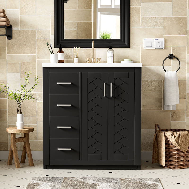 Freestanding vanity cabinet with ceramic sink, dark cabinet with 3 drawers and paneled doors