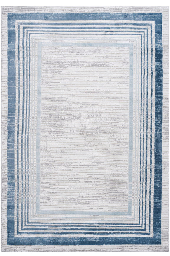 Blue and white bordered area rug with concentric rectangular frame pattern, square view.