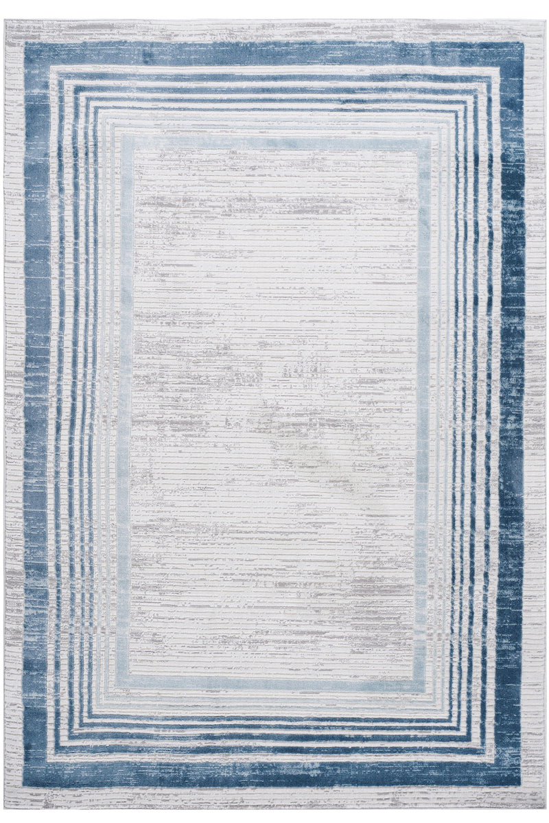 Blue and white bordered area rug with concentric rectangular frame pattern, square view.