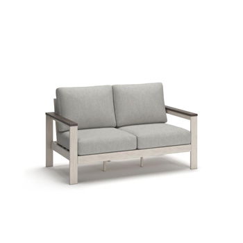 Vista Highlands loveseat with light gray cushions and a brown frame