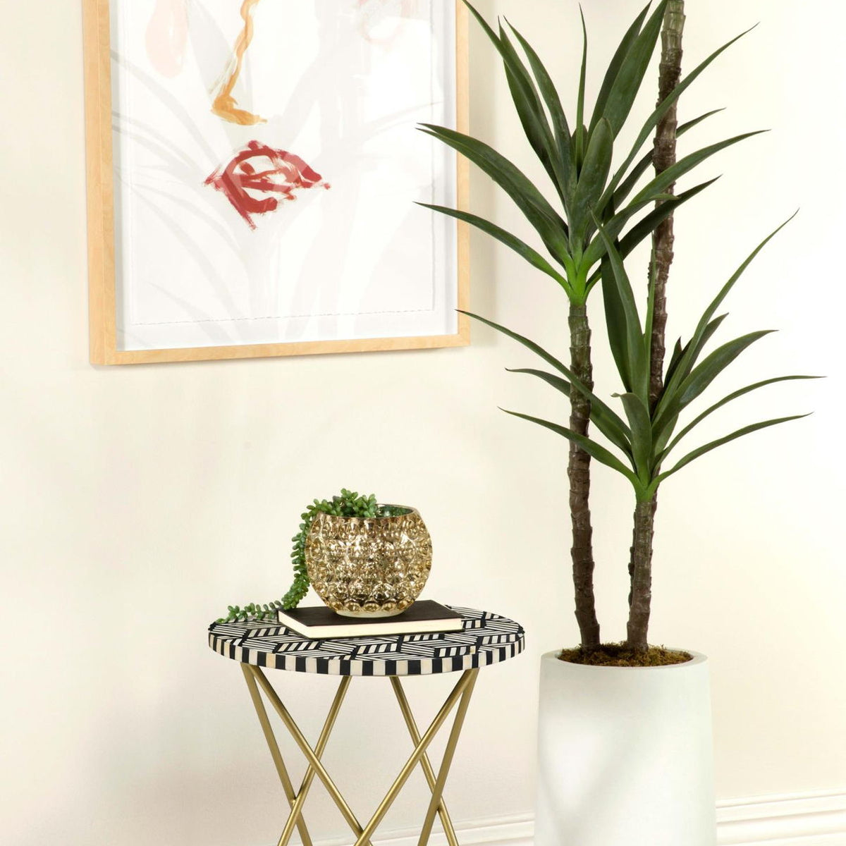 Xenia Round Bone Inlay Accent Side Table White and Gold
