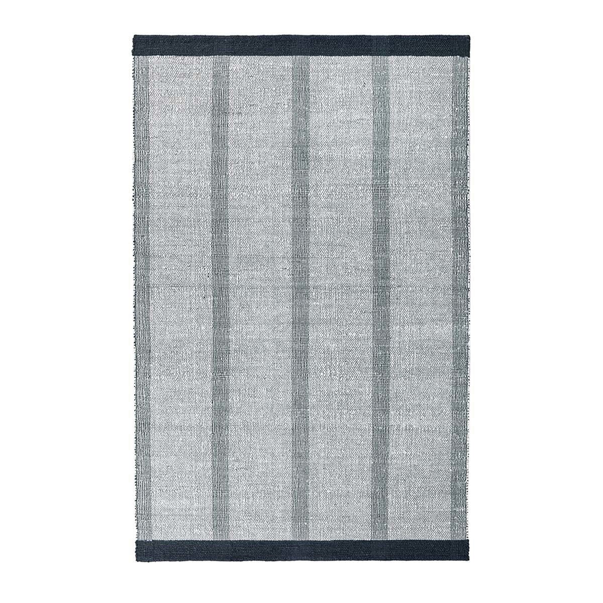 Ivory stripe rug with vertical gray stripes and wide navy border at top and bottom.
