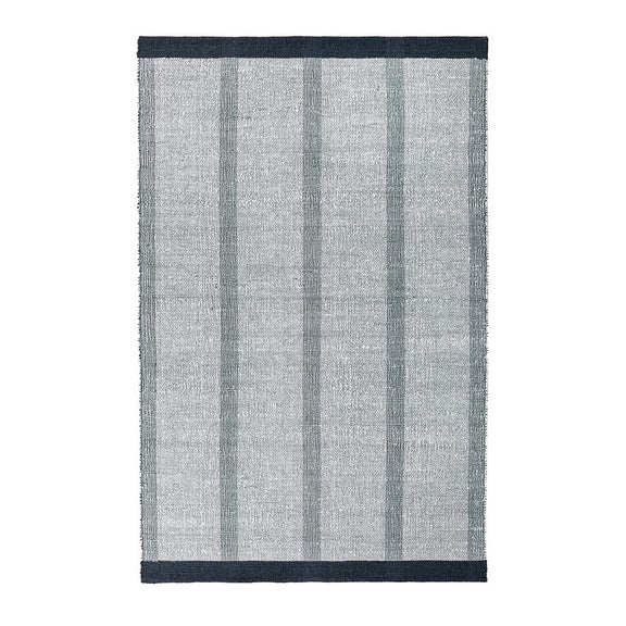 Ivory stripe rug with vertical gray stripes and wide navy border at top and bottom.