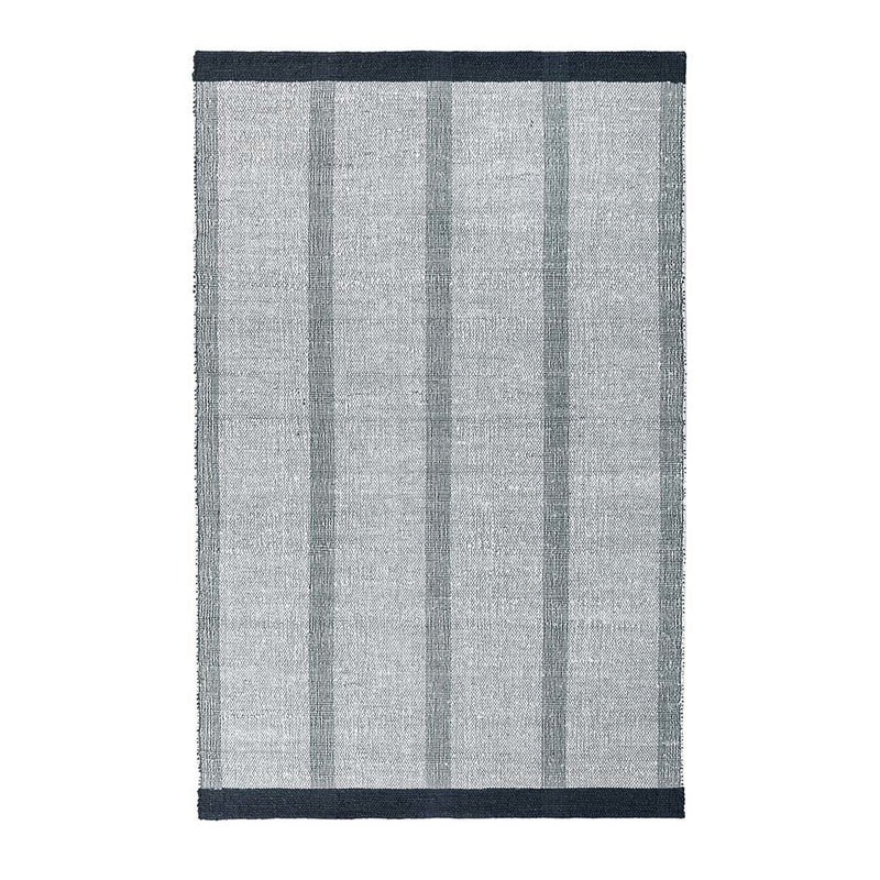 Ivory stripe rug with vertical gray stripes and wide navy border at top and bottom.