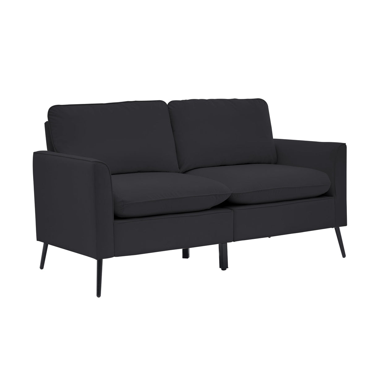 Black upholstered loveseat sofa with two back cushions and wide arms