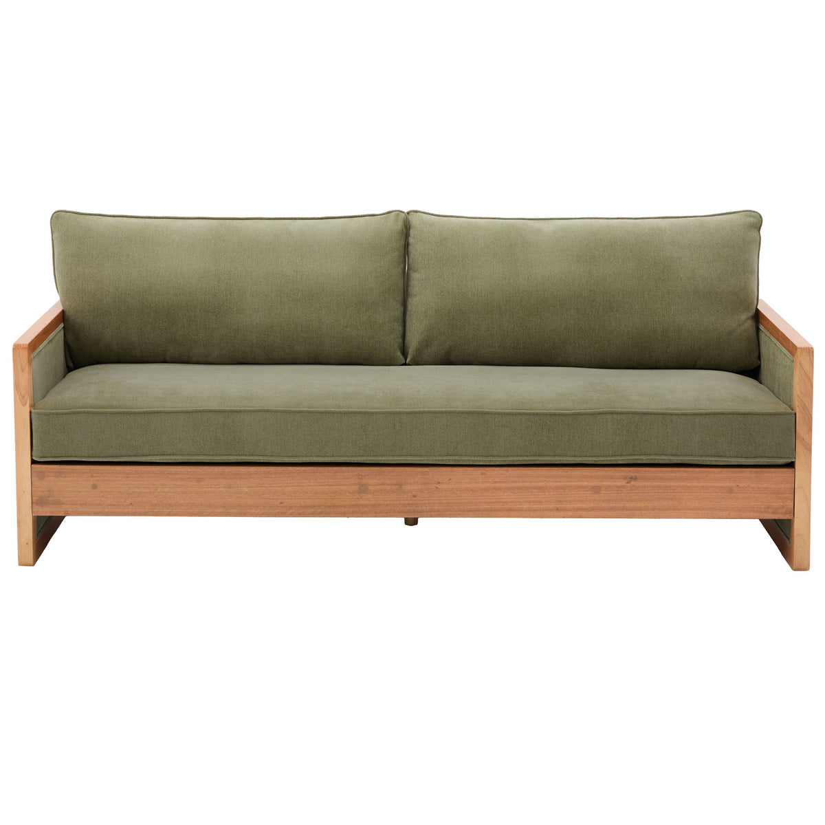 3-seater sofa with wood armrests, olive green upholstery and two back cushions
