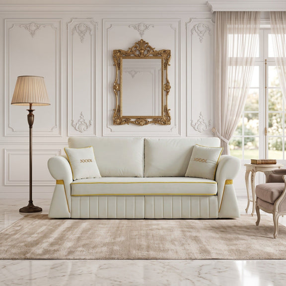 White three-seat sofa with two cushions, shown in a room