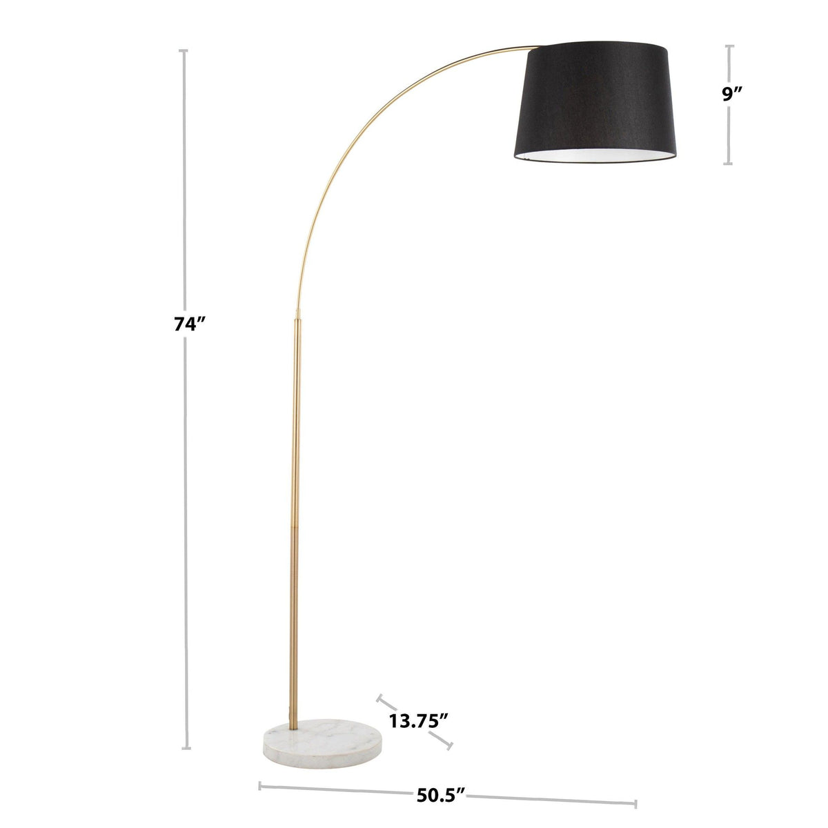 Black shade contemporary floor lamp dimensions shown; arched metal stem and stone base