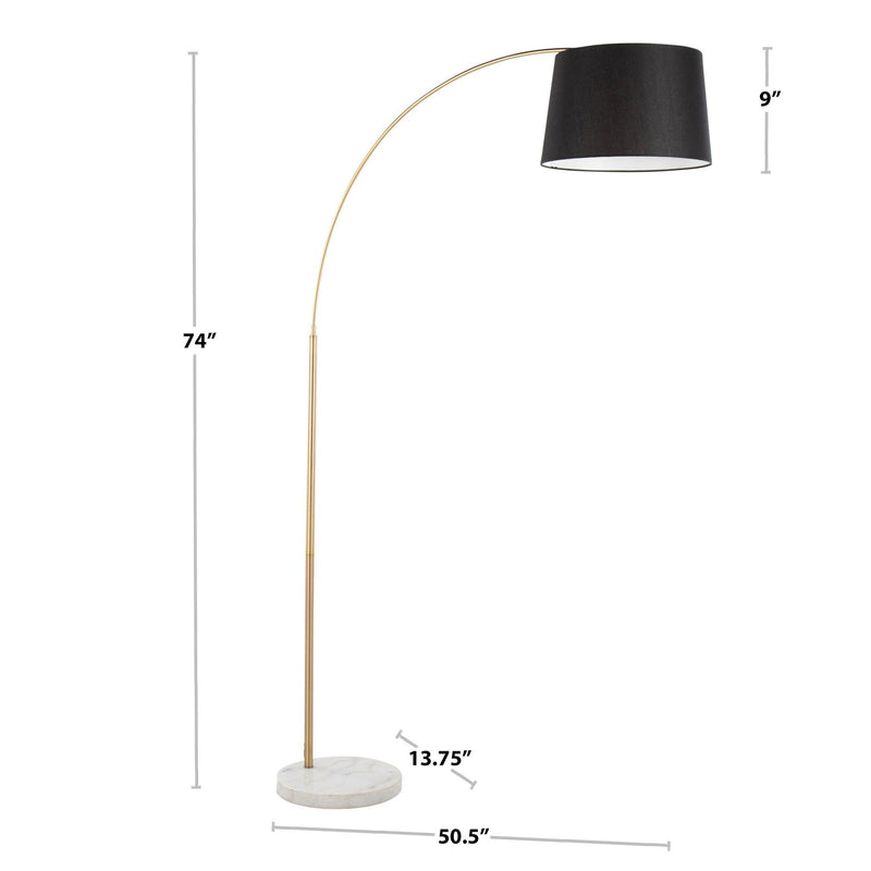 Black shade contemporary floor lamp dimensions shown; arched metal stem and stone base