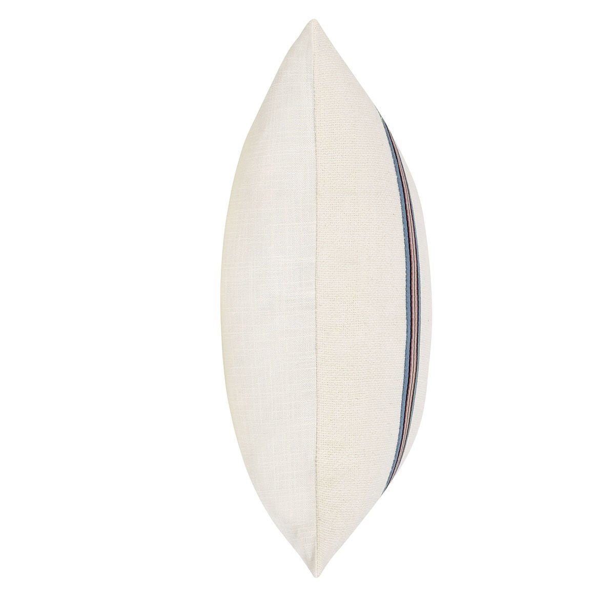 Ivory lumbar pillow with multicolor stripe trim along one edge