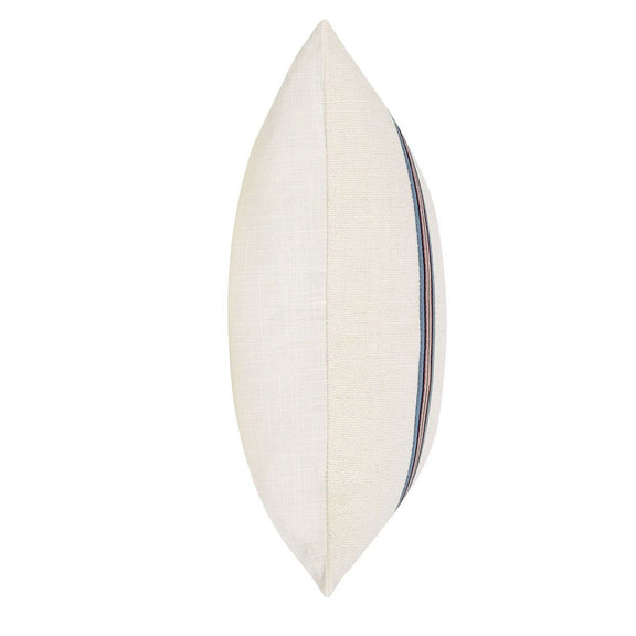 Ivory lumbar pillow with multicolor stripe trim along one edge