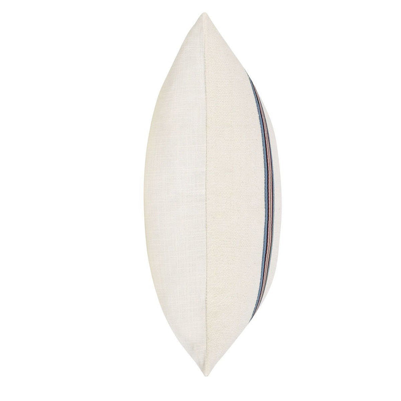 Ivory lumbar pillow with multicolor stripe trim along one edge