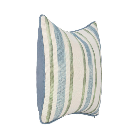 Ivory stripe accent pillow front with blue and green vertical stripes, angled view